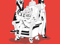  3girls :d apron ascot black_shoes brooch chair closed_mouth commentary_request crossed_legs dress elbow_rest frilled_apron frilled_skirt frilled_sleeves frilled_socks frilled_wrist_cuffs frills greyscale_with_colored_background hat head_out_of_frame highres holding holding_tray hong_meiling izayoi_sakuya jacket jewelry maid maid_apron mary_janes mob_cap multiple_girls open_mouth pants partially_colored pi-nattus puffy_short_sleeves puffy_sleeves red_eyes red_jacket remilia_scarlet shirt shoes short_hair short_sleeves skirt skull sleeveless sleeveless_dress smile socks touhou tray white_apron white_socks wrist_cuffs 