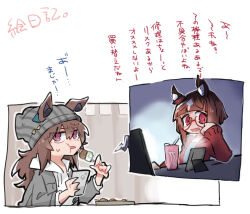  2girls :d animal_ears beanie beer_hsk brown_hair can cellphone drawstring drinking_straw ears_through_headwear energy_drink food glasses grey_hat grey_jacket grey_shirt hair_between_eyes hat holding holding_food holding_phone hood hood_down hoodie horse_ears jacket monster_energy multicolored_hair multiple_girls nakayama_festa_(umamusume) open_clothes open_jacket phone red-framed_eyewear red_eyes red_jacket semi-rimless_eyewear shirt skewer smile striped_clothes striped_headwear transcend_(umamusume) translation_request two-tone_hair umamusume under-rim_eyewear vertical-striped_clothes vertical-striped_headwear violet_eyes white_hair white_hoodie 