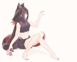  1girl ahoge animal_ear_fluff animal_ear_piercing animal_ears bare_shoulders barefoot belt black_hair black_shorts black_tail chamomile_(kazumasa) commentary cosmetics crop_top crossed_bangs dark_persona double-parted_bangs earrings extra_ears fox_ears fox_girl fox_tail full_body highres hololive jewelry kurokami_fubuki long_hair looking_at_hand low-tied_long_hair multicolored_hair multicolored_tail multiple_piercings nail_polish nail_polish_bottle nail_polish_brush navel panty_straps pentagram red_eyes red_hair red_nails red_streaks shorts sidelocks simple_background single_earring sitting solo streaked_hair tail thigh_strap turtleneck untranslatable_commentary virtual_youtuber white_background 