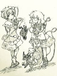  2girls animalization bird blush boots bow buttons cat chest_eye closed_mouth commentary_request diamond_button eyeball floral_print frilled_sleeves frills hat hat_bow heart heart_button heart_of_string holding holding_unworn_clothes holding_unworn_hat kaenbyou_rin kaenbyou_rin_(cat) komeiji_koishi komeiji_satori long_sleeves looking_at_viewer menotama missing_headwear multi-source_commentary multiple_girls multiple_tails print_skirt reiuji_utsuho reiuji_utsuho_(bird) ribbon-trimmed_collar ribbon_trim rose_print short_hair siblings sisters skirt slippers smile socks tail third_eye touhou traditional_media two_tails unworn_hat unworn_headwear wide_sleeves 