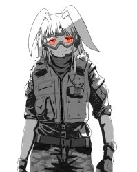  1girl animal_ears belt black_belt bulletproof_vest camouflage camouflage_pants character_request closed_mouth commentary_request cowboy_shot goggles greyscale long_hair looking_at_viewer microphone military_uniform monochrome multicolored_hair pants partially_colored pi-nattus rabbit_ears rainbow_six_siege red_eyes reisen_udongein_inaba scarf shirt simple_background sleeves_rolled_up smirk solo streaked_hair vest_pouch white_background 