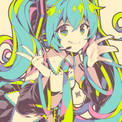  1girl aqua_hair aqua_necktie artist_logo bare_shoulders black_skirt commentary crossed_bangs detached_sleeves hatsune_miku headset highres kurisu_toshi logo long_hair looking_at_viewer necktie pleated_skirt shirt skirt sleeveless sleeveless_shirt smile solo twintails untranslatable_commentary vocaloid 