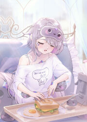  >_< 1girl absurdres bread butter_knife chest_jewel closed_eyes colored_inner_hair commentary_request food fork fried_egg gem grey_hair highres hololive hololive_english jewel_under_eye knife koseki_bijou koseki_bijou_(pebble_pajamas) long_hair mask mask_on_head moai_(koseki_bijou) multicolored_hair open_mouth pebble_(koseki_bijou) pink_hair plate purple_gem sandwich shirt sleep_mask white_shirt yuyu_(kerfish50927) 