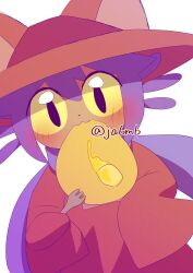  1other absurdres androgynous animal_hat black_eyes blush brown_coat brown_hat butter cat_hat child coat colored_sclera dot_nose food food_in_mouth fork hat highres holding holding_fork ja6m6 long_sleeves looking_at_viewer medium_hair niko_(oneshot) oneshot_(game) other_focus pancake purple_hair purple_scarf scarf sleeves_past_fingers sleeves_past_wrists slit_pupils solo twitter_username upper_body white_background yellow_sclera 