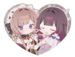  2girls bare_shoulders bhcnbz black_choker black_hair blue_eyes blunt_bangs blush bow brown_hair chibi chibi_only choker closed_eyes columbina_(genshin_impact) dress eye_mask frown genshin_impact hair_ornament hairband head_wings headdress highres long_hair mask multicolored_hair multiple_girls open_mouth outstretched_arms purple_hair sandrone_(genshin_impact) short_hair side-by-side simple_background streaked_hair upper_body white_background white_dress white_headdress white_wings wings wrist_bow x-shaped_eyewear x_hair_ornament yellow_hairband yuri 