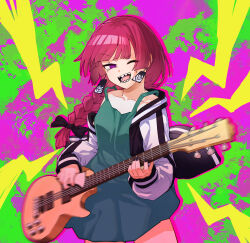  1girl :d absurdres black_jacket bocchi_the_rock! braid braided_ponytail collarbone commentary_request cowboy_shot dress earrings electric_guitar guitar highres hiroi_kikuri holding holding_guitar holding_instrument instrument jacket jewelry long_hair long_sleeves looking_at_viewer low_ponytail music one_eye_closed open_clothes open_jacket open_mouth paint_splatter pi-nattus playing_guitar playing_instrument ponytail purple_hair sailor_dress sharp_teeth sleeveless sleeveless_dress sleeves_past_wrists smile solo standing teeth violet_eyes 