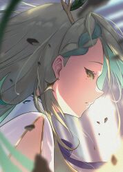  1girl antlers backlighting blue_bow blue_bowtie blurry blurry_background blurry_foreground bow bowtie braid braided_bangs ceres_fauna ceres_fauna_(1st_costume) closed_mouth clothing_cutout dress earrings from_side green_hair highres hololive hololive_english horns jewelry looking_at_viewer medium_hair mole mole_under_eye multicolored_hair portrait serious shoulder_cutout solo streaked_hair varsien virtual_youtuber white_dress yellow_eyes 