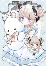  1girl :o :t absurdres bare_shoulders blue_background blue_eyes blunt_bangs blush brown_hair character_request chibi closed_mouth commentary_request commission copyright_request cowboy_shot double_bun dress english_commentary frilled_dress frilled_sailor_collar frills hair_bun heterochromia highres holding holding_stuffed_toy looking_at_viewer mixed-language_commentary multiple_views open_mouth pink_eyes sailor_collar sailor_dress short_hair skeb_commission sleeveless sleeveless_dress stuffed_animal stuffed_toy teddy_bear wataco_coco watermark white_dress white_sailor_collar 