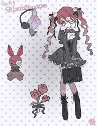  1girl am314 ascot bag black_boots black_corset black_dress black_pantyhose blue_eyes boots bottle commentary_request commission commissioner_name corset dress eyepatch flower flower_eyepatch full_body highres holding holding_bag juliet_sleeves lolita_fashion long_sleeves looking_at_viewer one_eye_covered original pantyhose perfume_bottle polka_dot polka_dot_background polka_dot_pantyhose puffy_sleeves red_flower red_rose rose sample_watermark skeb_commission sleeves_past_wrists smile solo standing stuffed_animal stuffed_rabbit stuffed_toy thank_you twintails underbust watermark wavy_hair white_ascot white_background white_flower white_rose 