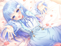  1girl blue_dress blue_eyes blue_hair blue_ribbon cloud_hair_ornament dress floral_print floral_print_dress flower frilled_dress frills gradient_clothes gradient_dress hair_ornament hairclip hakka_(vtuber) highres indie_virtual_youtuber itsuki_jun long_hair long_sleeves lying neck_flower neck_ribbon on_back open_mouth parallel_hairclips petals pink_flower print_dress reaching reaching_towards_viewer ribbon sidelocks solo twitter_username virtual_youtuber white_dress white_flower 