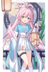  1girl :d absurdres ahoge blue_archive blue_eyes blush border character_print chinese_clothes commentary_request fang feet_out_of_frame feixianji_(hairstyle) full_moon hagoromo hair_between_eyes hair_ornament hair_rings hair_stick halo hanfu heterochromia highres holding holding_lantern hoshino_(blue_archive) hoshino_(mid-autumn_festival)_(blue_archive) jewelry kk0220 kneehighs lantern leg_ribbon long_hair long_sleeves looking_at_viewer moon necklace official_alternate_costume official_alternate_hairstyle open_mouth outside_border pink_hair pink_halo pleated_skirt rabbit ribbon sash shawl skin_fang skirt smile socks solo standing thigh_strap very_long_hair white_border white_rabbit_(animal) white_skirt white_socks wide_sleeves yellow_eyes 