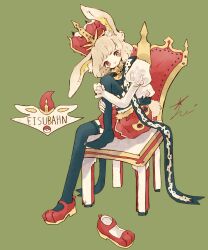  1girl animal_ears black_thighhighs blonde_hair character_name cinderace cocoyuzu7777 full_body garter_straps green_background highres humanization juliet_sleeves knee_up long_sleeves looking_at_viewer mary_janes orange_eyes pokemon puffy_sleeves rabbit_ears red_shoes red_shorts shirt shoes shorts simple_background single_shoe sitting thigh-highs white_shirt 