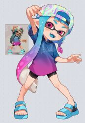  1girl arms_up backwards_hat baseball_cap bike_shorts blue_hair blue_sandals blue_shirt commentary_request game_screenshot_inset gradient_hair grey_background hat highres inkling inkling_girl inkling_player_character knees_together_feet_apart long_hair looking_at_viewer multicolored_hair multiple_views open_mouth pigeon-toed pink_eyes pink_hair pink_shirt pointy_ears print_shirt reference_inset sabata_saba sandals screenshot_inset shirt simple_background smile splatoon_(series) splatoon_3 t-shirt tentacle_hair toes two-tone_hair two-tone_shirt very_long_hair watermark 