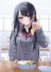  1girl black_hair blue_eyes blurry blurry_background blush bow bowtie check_copyright chigusa_minori chopsticks collared_shirt commentary_request copyright_request food highres indoors jitsu_wa_imouto_deshita. long_sleeves looking_at_viewer parted_lips red_bow red_bowtie shirt solo 