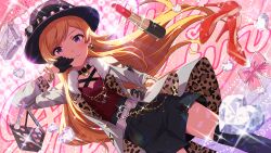  1girl black_collar black_gloves black_hat black_thighhighs bracelet card_commentary coat collar commentary_request cosmetics diamond_(gemstone) dutch_angle earrings emily_stewart emily_stewart_(femme_charmont) floating_hair game_cg gloves hair_down hat heart_collar high_heels idolmaster idolmaster_million_live! idolmaster_million_live!_theater_days jewelry leotard lipstick_tube long_hair long_sleeves looking_at_viewer makeup_palette official_alternate_costume official_alternate_hairstyle official_art print_leotard red_shirt red_shoes shirt shoes solo standing thigh-highs third-party_source unworn_shoes violet_eyes vivi_blacks white_coat 