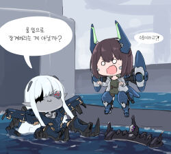  2girls absurdres armor armored_core chibi commentary_request dolls_nest highres joints korean_commentary maxilax mecha mecha_musume mechanical_arms mechanical_legs multiple_girls personification reverse-jointed_legs robot science_fiction shoulder_cannon thrusters 