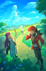  1boy 2girls alina_l arm_at_side arm_up axe bandaged_arm bandages battle_axe belt belt_buckle black_belt black_boots black_coat black_gloves black_pants black_pantyhose black_roots black_shirt blue_flower blue_sky blunt_bangs boots brown_boots buckle capelet closed_eyes closed_mouth clouds coat cobblestone commentary day dress dutch_angle earrings english_commentary fern_(sousou_no_frieren) flower frieren gloves gold_trim grass hair_between_eyes hand_in_pocket high_collar highres himmel_(sousou_no_frieren) holding holding_staff holding_suitcase jacket jewelry knee_boots long_dress long_hair long_sleeves looking_ahead looking_at_another mage_staff mountainous_horizon multicolored_hair multiple_girls open_clothes open_coat outdoors pants pantyhose parted_lips purple_hair red_hair red_jacket road rock roots_(hair) sash shaped_cloud shirt short_hair shoulder_belt sidelocks signature skirt sky sleeves_rolled_up smile sousou_no_frieren staff standing stark_(sousou_no_frieren) suitcase teardrop_earrings tree twintails twitter_username violet_eyes waist_sash weapon weapon_on_back white_capelet white_dress white_hair white_sash white_shirt white_skirt 
