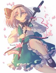  1girl absurdres artist_name black_bow black_bowtie black_hairband black_shoes bow bow_hairband bowtie commentary falling_petals green_skirt green_vest hair_between_eyes hair_bow hairband highres holding holding_sword holding_weapon karebu52 konpaku_youmu medium_hair petals pink_petals shirt shoes skirt socks solo sword touhou vest weapon white_hair white_shirt white_socks 