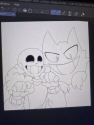  1boy 2023 2d art_program_in_frame clip_studio_paint_(medium) commentary crossover digital_media duo english_commentary fur-trimmed_jacket fur_trim ghost hands_up haunter highres hollow_eyes humanoid jacket male monochrome monster monster_boy onerudegentlman open_clothes open_jacket photo_(medium) pokemon pokemon_(creature) portrait rayman_limbs sans_(undertale) simple_background skeleton sketch sweater teeth undead undertale unfinished utdr_(toby_fox) white_background 