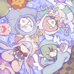  >_< 2boys 2girls anaxa_(honkai:_star_rail) anaxa_(whatsamatta)_(honkai:_star_rail) blanket blue_background blue_hair blue_pajamas c: castorice_(honkai:_star_rail) checkered_background checkered_blanket chimera_(honkai:_star_rail) closed_eyes cosplay drill_hair dromas_(honkai:_star_rail) eyepatch green_hair green_pajamas highres honkai:_star_rail honkai_(series) hyacine_(honkai:_star_rail) little_ica_(honkai:_star_rail) long_sleeves looking_at_viewer lying memosprite multiple_boys multiple_girls neon_(irir_neon) on_back onesie open_mouth pajamas phainon_(honkai:_star_rail) pink_hair pink_pajamas purple_hair smile twin_drills violet_eyes watermark 