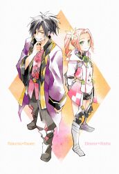  1boy 1girl alisha_diphda alisha_diphda_(cosplay) alternate_costume armored_boots arms_behind_back belt black_belt black_boots black_hair black_pants boots closed_mouth coat commentary_request cosplay drill_hair eleanor_hume enoki_(megaclam) flower full_body green_ribbon hair_flower hair_ornament hand_on_own_chin pants pink_hair pink_shirt ponytail purple_coat raven_(tales) raven_(tales)_(cosplay) ribbon rokurou_rangetsu shirt side_ponytail smile standing tales_of_(series) tales_of_berseria tales_of_vesperia tales_of_zestiria thighs 