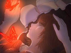  2girls amakura_mayu amakura_mio bandaged_leg bandages black_camisole black_skirt brown_shirt bug butterfly butterfly_on_hand camisole closed_eyes closed_mouth commentary_request fatal_frame fatal_frame_ii:_crimson_butterfly female_pov fingernails gradient_background grey_background hand_on_another's_head lap_pillow miniskirt multiple_girls pov pov_hands profile red_butterfly shirt siblings sisters skirt sleeping sleeping_on_person solo_focus yukiame 