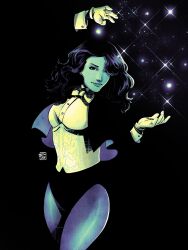 1girl colin_craker commentary dc_comics fishnet_leotard fishnet_pantyhose fishnet_top fishnets glowing_hands highres justice_league leotard magician magician's_wand pantyhose stool wooden_stool zatanna_zatara 