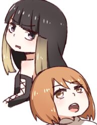  2girls bare_shoulders black_eyes black_hair black_sleeves black_tube_top blunt_bangs blunt_sidelocks brown_eyes brown_hair commentary_request cross-laced_clothes cross-laced_sleeves detached_sleeves hime_cut i.u.y kinuhata_saiai kuroyoru_umidori lace-up light_blush long_hair long_sidelocks looking_at_viewer multicolored_hair multiple_girls open_mouth partial_commentary short_hair sidelocks simple_background strapless teeth toaru_majutsu_no_index toaru_majutsu_no_index:_new_testament tongue tube_top two-tone_hair upper_body upper_teeth_only white_background 