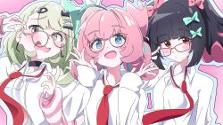  1girl 3girls absurdres angels_of_delusion aria_(zenless_zone_zero) arm_warmers black_hair blue_eyes blush bow colored_inner_hair green_bow green_eyes green_hair hair_bow hair_ornament highres hutsugyou looking_at_viewer multicolored_hair multiple_girls multiple_hair_clips nangong_yu necktie open_mouth pink_background pink_hair red_eyes red_necktie shirt simple_background smile streaked_hair striped_arm_warmers sunna_(zenless_zone_zero) twintails white_shirt zenless_zone_zero 