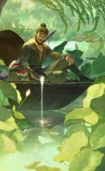  1boy absurdres arm_on_knee beard belt black_boots black_hair boat boots bowl brown_belt brown_eyes brown_headband cat chinese_clothes chinstrap_beard commentary_request facial_hair fish gauntlets hair_bun hand_wraps headband highres holding holding_bowl hua_bucheng lake lotus_leaf male_focus mature_male mustache on_boat outdoors pectoral_cleavage pectorals pouring purple_robe robe scar scar_on_face scar_on_nose short_hair sitting smile solo soul_patch toned toned_male watercraft where_winds_meet yi_dao_(where_winds_meet) 