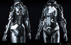  1girl 3d armor armored_bodysuit blender_(medium) bodysuit closed_mouth colored_skin commentary company_logo company_name copyright_logo copyright_name cowboy_shot dark_background dated english_commentary eve_online from_behind gloves grey_background grey_bodysuit grey_skin grey_theme highres lips logo multiple_views official_art realistic science_fiction simple_background solo standing undoz zbrush_(medium) 