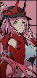  1girl baseball_cap black_hat breasts clothing_cutout commentary crop_top english_commentary fishnets green_eyes hat high_ponytail highres honkai:_star_rail honkai_(series) horned_hat jacket long_hair looking_at_viewer midriff panty_straps parted_lips pink_hair pochimaru_(marumaru_wanwan) ponytail rappa_(honkai:_star_rail) red_jacket shirt shoulder_cutout smile solo upper_body very_long_hair white_shirt 