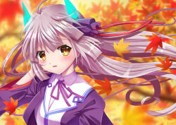  ahoge autumn autumn_leaves black_robe blunt_bangs blunt_ends blurry blurry_background blush brown_hair collared_shirt commentary_request day fake_horns falling_leaves floating_hair hair_ribbon hand_up heaven_burns_red hime_cut horns kurumi_(587864) leaf long_hair looking_at_viewer maple_leaf neck_ribbon ogasahara_hisame open_clothes open_mouth open_robe outdoors purple_ribbon red_pupils red_ribbon ribbon robe shirt sidelocks twintails upper_body very_long_hair white_shirt wind yellow_eyes 