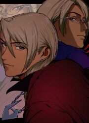  2boys ace_attorney amikoiiko apollo_justice:_ace_attorney blonde_hair blue_eyes blue_suit brothers chain chain_necklace closed_mouth collared_shirt dark-skinned_male dark_skin drill_hair earrings facing_to_the_side facing_viewer from_side glasses highres initial jacket jewelry klavier_gavin kristoph_gavin lapels long_sleeves looking_at_viewer male_focus mismatched_eyebrows multiple_boys necklace open_collar popped_collar portrait purple_jacket round_eyewear shirt siblings side_drill simple_background single_earring suit suit_jacket zoom_layer 
