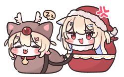  2girls :p =_= anger_vein animal_costume animal_ears bandaid bandaid_hair_ornament blonde_hair blue_streaks blush_stickers chibi chibi_only christmas closed_eyes dog_ears double-parted_bangs fuwawa_abyssgard hair_between_eyes hair_ornament hairclip hat hololive hololive_english long_hair mming_(mmingis18) mococo_abyssgard multicolored_hair multiple_girls parallel_hairclips pink_streaks red_eyes reindeer_costume santa_costume santa_hat short_hair siblings simple_background sisters sleeping sleigh speech_bubble streaked_hair tongue tongue_out twins two_side_up virtual_youtuber white_background x_hair_ornament zzz 