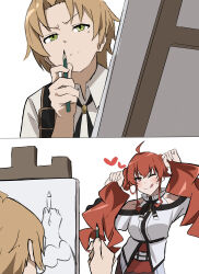  1boy 1girl :p absurdres adjusting_hair ahoge bare_shoulders blush bolo_tie brown_hair bunching_hair collared_shirt commentary cowboy_shot drawing_(action) drawing_(object) eris_greyrat green_eyes hair_between_eyes highres holding holding_pencil jiaa_(jibajibanyan03) long_hair long_sidelocks mole mole_under_eye mushoku_tensei one_eye_closed parted_bangs pencil red_eyes red_hair rudeus_greyrat serious shirt short_hair sidelocks simple_background smile suspenders tongue tongue_out twintails upper_body white_background white_shirt 