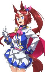  1girl animal_ears ascot asymmetrical_gloves blue_eyes blue_gloves blush breasts brown_hair buttons cape commentary_request double-breasted ear_ribbon epaulettes gloves hair_between_eyes highres horse_ears horse_girl horse_tail jacket long_hair long_sleeves looking_at_viewer mismatched_gloves multicolored_hair multicolored_jacket open_mouth pink_ascot ponytail red_cape simple_background single_epaulette single_hair_streak skirt small_breasts smile solo streaked_hair tail tanabe_(fueisei) teeth tokai_teio_(peak_joy)_(umamusume) tokai_teio_(umamusume) two-tone_hair two-tone_jacket two-tone_skirt umamusume upper_teeth_only v white_background white_gloves white_hair white_jacket white_skirt white_streaks 