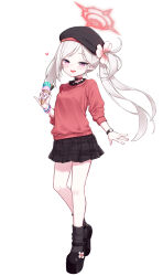  1girl alternate_costume blue_archive commentary_request flower food full_body hair_flower hair_ornament halo hat highres holding ice_cream long_hair mutsuki_(blue_archive) paid_reward_available red_halo shokupan_(slvk12) side_ponytail simple_background skirt solo watch watch white_background 