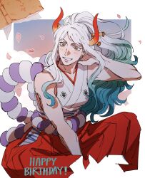  1girl aqua_hair blue_hair blush book commentary_request earrings falling_petals hakama happy_birthday highres horns japanese_clothes jewelry kimono looking_to_the_side one_piece orange_eyes petals pink_petals red_hakama rope seirorath shimenawa sidelocks sitting sleeveless sleeveless_kimono solo white_hair white_kimono yamato_(one_piece) 