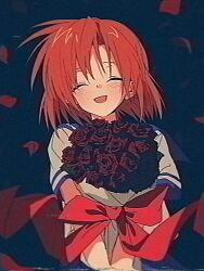  1girl blush bouquet closed_eyes flower highres higurashi_no_naku_koro_ni holding holding_bouquet iwillsaveyouso looking_at_viewer open_mouth orange_hair red_flower ryuuguu_rena shirt short_hair short_sleeves smile solo white_shirt 