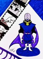  1boy belt black_eyes black_fur blue_background blue_pants blue_tunic boots cape capsule_helmet chimpanzee colored_sclera colored_skin commentary english_commentary facing_viewer feel-the-fire film_strip full_body gloves green_skin helmet highres male_focus marker_(medium) mojo_jojo multiple_expressions pants pink_sclera powerpuff_girls purple_cape signature sleeveless standing traditional_media tunic white_background white_belt white_boots white_gloves 