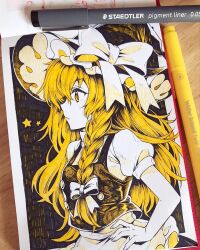  1girl apron art_tools_in_frame black_vest blonde_hair bow braid braided_sidelock commentary from_side hair_bow hand_on_own_hip hat highres kirisame_marisa kurisu_toshi limited_palette long_hair looking_at_another marker_(medium) puffy_short_sleeves puffy_sleeves shirt short_sleeves solo touhou traditional_media vest white_apron white_bow white_shirt witch_hat 