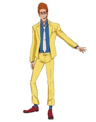  1boy artist_request blue_shirt blue_socks closed_mouth collared_shirt commentary_request full_body glasses headset jacket long_sleeves male_focus mario_(tiger_&amp;_bunny) necktie official_art open_clothes open_jacket orange_hair pants red_shoes round_eyewear second-party_source shirt shoes short_hair smile socks solo standing suspenders tachi-e tiger_&amp;_bunny transparent_background white_necktie yellow_jacket yellow_pants 