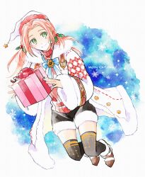  1girl black_shorts black_thighhighs boots brown_boots christmas closed_mouth coat commentary_request eleanor_hume eleanor_hume_(christmas) enoki_(megaclam) fur-trimmed_boots fur-trimmed_coat fur-trimmed_shorts fur_trim gift green_eyes hair_ornament hat holding holding_gift holly_hair_ornament long_hair official_alternate_costume official_alternate_hairstyle pink_hair red_shirt santa_hat shirt shorts smile solo tales_of_(series) tales_of_asteria tales_of_berseria thigh-highs white_coat white_hat 
