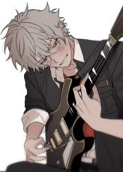  1boy black_jacket blush commentary ensemble_stars! grey_hair guitar hair_between_eyes highres holding holding_plectrum instrument jacket male_focus music ogami_koga open_clothes open_jacket playing_guitar playing_instrument plectrum short_hair simple_background smile white_background yam_i_na_be yellow_eyes 