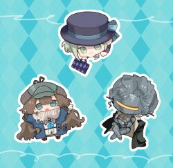  3girls argyle_background arm_up black_coat black_hat blue_background blue_bow blue_eyes blue_neckerchief boater_hat bow brown_hair chibi coat coat_on_shoulders commentary_request dress freckles grey_eyes grey_hair grey_hat hair_bun hat hat_bow highres holding holding_suitcase humanoid_robot joints lanyard long_hair lucy_(reverse:1999) marcus_(reverse:1999) metal_hair metal_skin mole mole_under_eye multiple_girls neckerchief newsboy_cap reverse:1999 robot robot_girl robot_joints scarf single_side_bun suitcase taniai_0016 vertin_(reverse:1999) white_dress white_scarf 