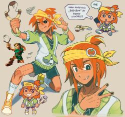  1boy absurdres alternate_costume arm_support arrow_(symbol) black_eyes black_nails black_shorts bright_pupils brown_hair chibi dark-skinned_male dark_skin english_text grey_background grin hector_(omori) highres kel_(faraway)_(omori) kel_(omori) link male_focus omori on_one_knee one_eye_closed orange_shoes parted_lips pet_rock reference_inset remi_(mozzaremi) shoes short_sleeves shorts simple_background sitting slingshot_(weapon) smile sneakers socks solo speech_bubble the_legend_of_zelda the_legend_of_zelda:_ocarina_of_time thought_bubble tongue tongue_out v white_pupils white_socks young_link 