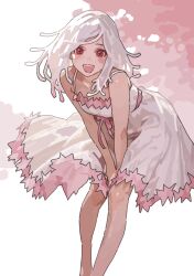  1girl cherry_blossoms commentary dress god_nadeko h4sh1rnoto highres leaning_forward long_hair looking_at_viewer monogatari_(series) open_mouth red_eyes sengoku_nadeko sleeveless sleeveless_dress smile snake_hair solo standing white_dress white_hair 