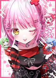  1girl 4girls :p absurdres bag black_choker black_corset blue_hair blue_hat blush border chibana_sora choker closed_mouth collarbone commentary_request corset cross-laced_clothes cross-laced_corset cross_hair_ornament detached_sleeves dia_(shugo_chara!) diamond_hair_ornament dot_nose dress embroidery finger_to_eye green_dress green_hair grid_background hair_ornament hairclip hand_on_own_hip hat heart heart_choker highres hinamori_amu leaning_forward long_hair long_sleeves looking_at_viewer medium_hair miki_(shugo_chara!) multicolored_sleeves multiple_girls navel one_eye_closed open_mouth parallel_hairclips pink_border pink_dress pink_hair pink_hat plaid_bag pom_pom_(cheerleading) ran_(shugo_chara!) red_bag red_shirt shirt shugo_chara! sidelocks skirt sleeves_past_wrists smile solo solo_focus standing star_(symbol) star_hair_ornament suu_(shugo_chara!) tilted_headwear tongue tongue_out torn_clothes torn_shirt white_background yellow_eyes 