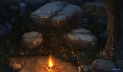  artist_name boulder campfire commentary english_commentary fire grass highres light_particles night no_humans original outdoors plant rock scenery sicuvn tree water waterfall 